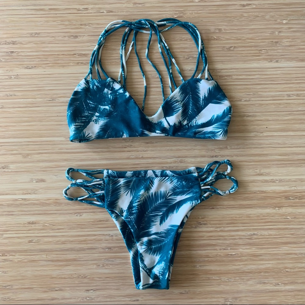 Mikoh Teal Palm Print Bikini Set